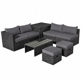 Costway 8 pc Patio Rattan Furniture Set Storage Table Ottoman cover