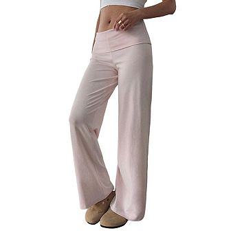 Women Pants Fold Over High Waist Solid Knit Flowy Wide Leg Palazzo Casual Trousers