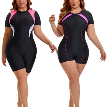 2 Packs Women's Plus Size 1 pc Surfing Swimwear Boyleg Guard Short Sleeve Half Zipper Swimsuit