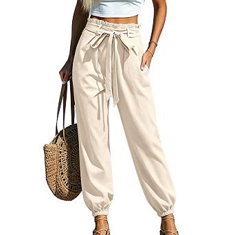 Women Pants Paperbag Waist Tie Front Tapered Elastic Ankle Jogger Casual Trousers