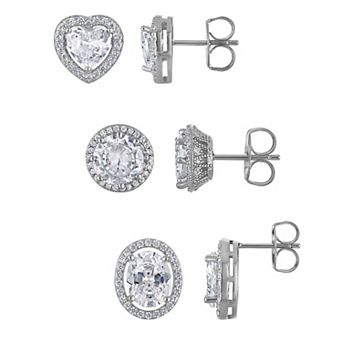 Ivy Sharpe Silver Tone Cubic Zirconia Oval Halo 3-Pair Stud Earring Set