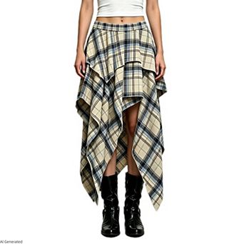 Women's High Waist Elastic Waist Plaid Print Tiered Irregular Asymmetrical Midi Skirt