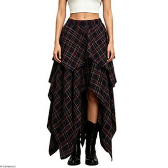 Women's High Waist Elastic Waist Plaid Print Tiered Irregular Asymmetrical Midi Skirt