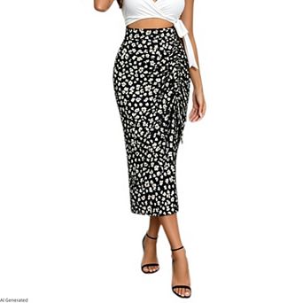 Women's Ditsy Floral High Waist Midi Skirt Side Drawstring Ruched Split Slim Casual Wrap Skirt