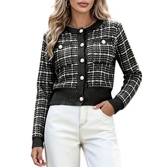Women's Elegant Long Sleeve Sweater Crew Neck Plaid Tweed Pearl Button Down Cropped Knit Cardigan