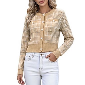 Women's Elegant Long Sleeve Sweater Crew Neck Plaid Tweed Pearl Button Down Cropped Knit Cardigan