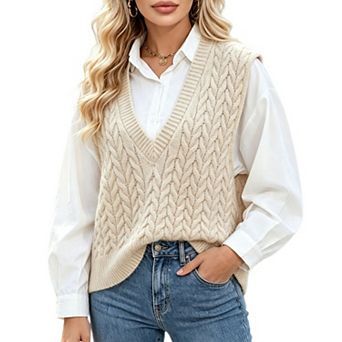 Women's Crew Neck Sleeveless Sweater Causal Cable Knit Retro Loose Knit Vest