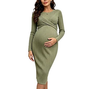 Women's Maternity Dress Round Neck Twist Front Ribbed Long Sleeve Bodycon Midi Pregnant Sundress