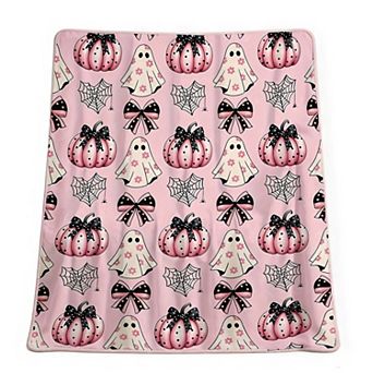 Flannel Blanket, Pink Ghost Pumpkin Bow Spiderweb Coquette Halloween Decor