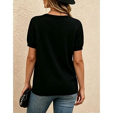Women's Crew Neck Geometric Hollow Out Short Sleeve Knit Pullover Sweater Top