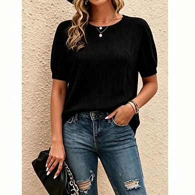 Women's Crew Neck Geometric Hollow Out Short Sleeve Knit Pullover Sweater Top