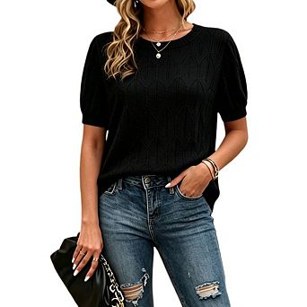 Women's Crew Neck Geometric Hollow Out Short Sleeve Knit Pullover Sweater Top