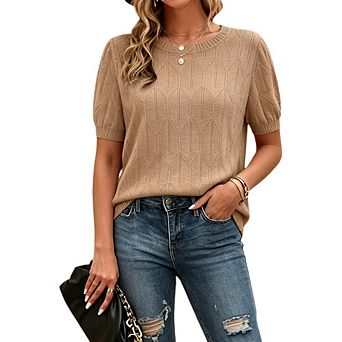 Women's Crew Neck Geometric Hollow Out Short Sleeve Knit Pullover Sweater Top