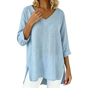 Women's 3/4 Sleeve Solid V Neck Blouse Cotton Rolled Side Split Loose Fit Tunic Top