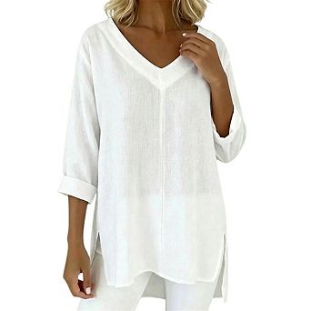 Women's 3/4 Sleeve Solid V Neck Blouse Cotton Rolled Side Split Loose Fit Tunic Top