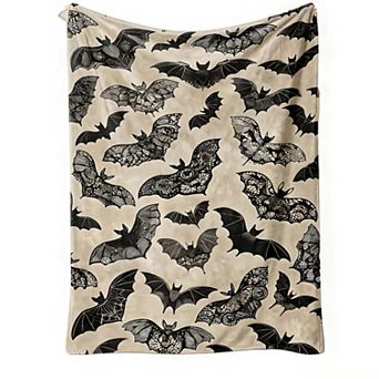 Flannel Blanket, Vintage Lace Bat Seamless Pattern Gothic Home Decor