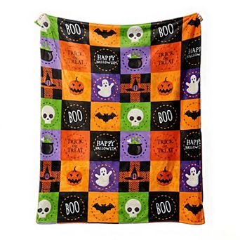 Flannel Blanket, Halloween Checkered Ghost Pumpkin Witch Decorative Cover
