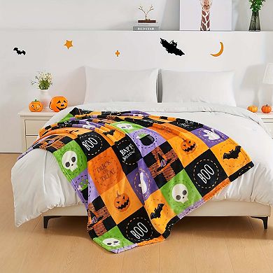 Flannel Blanket, Halloween Checkered Ghost Pumpkin Witch Decorative Cover