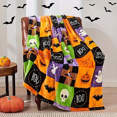Flannel Blanket, Halloween Checkered Ghost Pumpkin Witch Decorative Cover