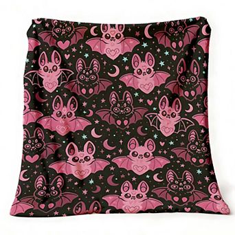 Flannel Blanket, Cute Pink Bat Moon Star Kawaii Gothic Room Print