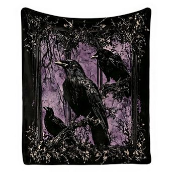 Flannel Blanket, Gothic Window Raven Purple Forest Print Blanket for Dark Halloween Home Decor