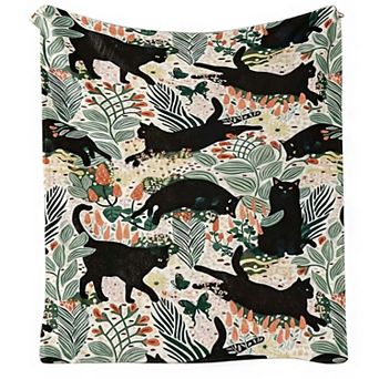 Flannel Blanket, Botanical Black Cat Floral Cottagecore Home Pattern