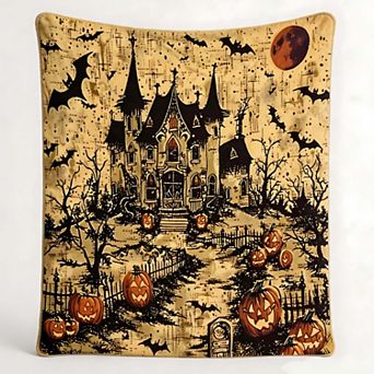 Flannel Blanket, Retro Haunted Castle Pumpkin Bat Halloween Decor