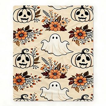 Flannel Blanket, Boho Ghost Pumpkin Floral Neutral Fall Home Decor