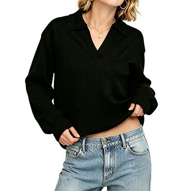 Women's Collared V Neck Relaxed Fit Long Sleeve Knit Polo Sweater Top