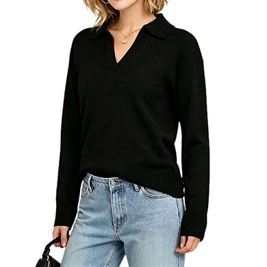 Women's Collared V Neck Relaxed Fit Long Sleeve Knit Polo Sweater Top