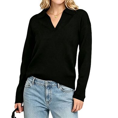 Women's Collared V Neck Relaxed Fit Long Sleeve Knit Polo Sweater Top