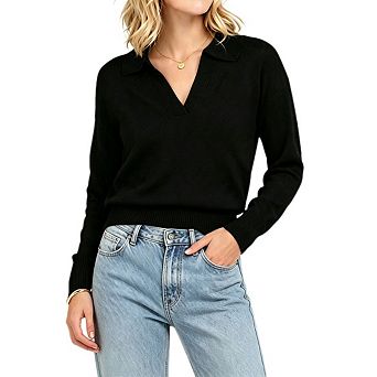 Women's Collared V Neck Relaxed Fit Long Sleeve Knit Polo Sweater Top
