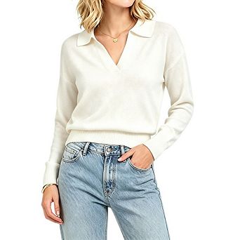 Women's Collared V Neck Relaxed Fit Long Sleeve Knit Polo Sweater Top