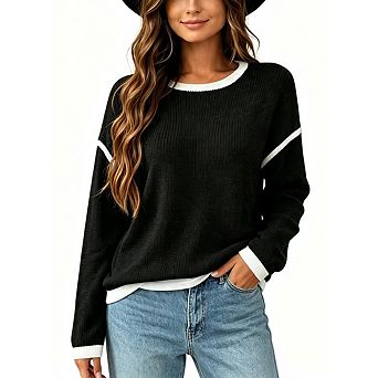 Women's Crew Neck Color Block Trim Waffle Knit Relaxed Fit Long Sleeve Casual Top