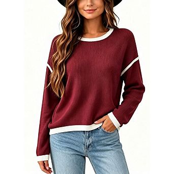 Women's Crew Neck Color Block Trim Waffle Knit Relaxed Fit Long Sleeve Casual Top