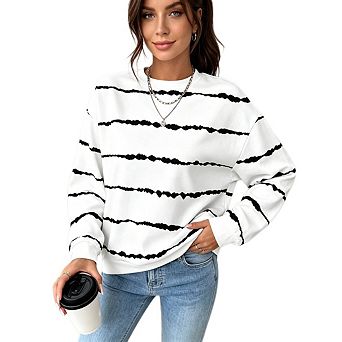Women's Casual Crewneck Long Sleeve Striped Tops Workout Loose Fit Tops