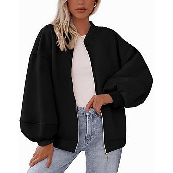 Women's Baseball Collar Full Zip Solid Relaxed Fit Long Sleeve Bomber Jacket