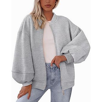 Women's Baseball Collar Full Zip Solid Relaxed Fit Long Sleeve Bomber Jacket