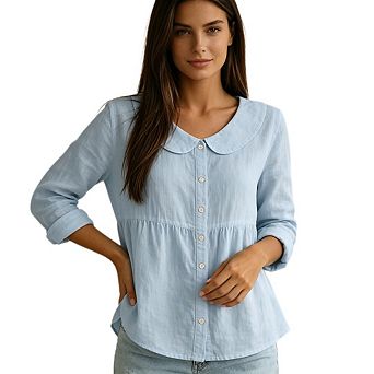 Women's Loose Peter Pan V Neck Button Front Shirts Casual Long Sleeve Peplum Hem Tops