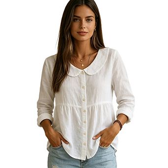 Women's Loose Peter Pan V Neck Button Front Shirts Casual Long Sleeve Peplum Hem Tops
