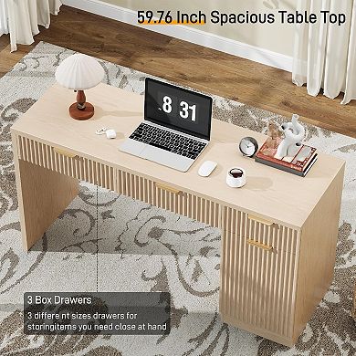 Vabches 60" Reversible Executive Desk, Fluted Wood Office Desk, Natural Oak Writing Desk
