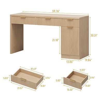 Vabches 60" Reversible Executive Desk, Fluted Wood Office Desk, Natural Oak Writing Desk