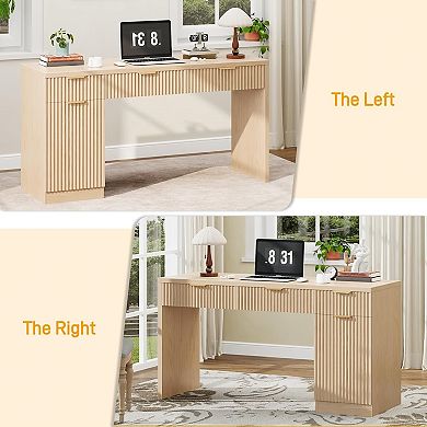 Vabches 60" Reversible Executive Desk, Fluted Wood Office Desk, Natural Oak Writing Desk
