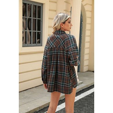 Women's Casual Plaid Turn-Down Collar Shirt Loose Long Sleeve Button Front Tops With Pockets