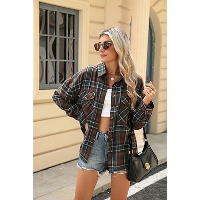 Women's Casual Plaid Turn-Down Collar Shirt Loose Long Sleeve Button Front Tops With Pockets