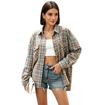 Women's Casual Plaid Turn-Down Collar Shirt Loose Long Sleeve Button Front Tops With Pockets