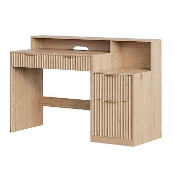 Vabches Fluted Computer Desk with Drawers, Power Outlets, Printer Stand & Storage Cabinet