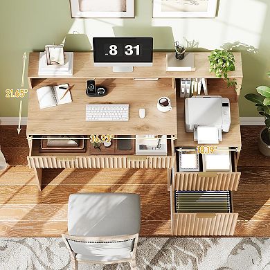 Vabches Fluted Computer Desk with Drawers, Power Outlets, Printer Stand and Monitor Riser, Oak