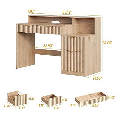 Vabches Fluted Computer Desk with Drawers, Power Outlets, Printer Stand and Monitor Riser, Oak