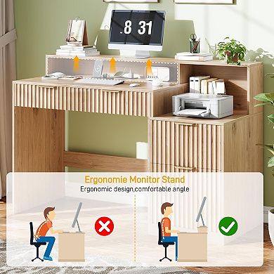 Vabches Fluted Computer Desk with Drawers, Power Outlets, Printer Stand and Monitor Riser, Oak